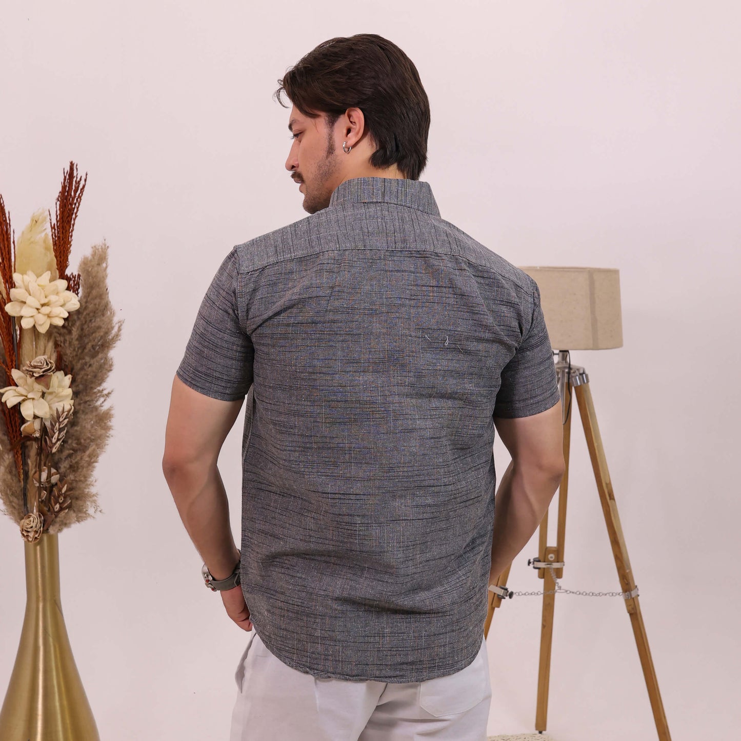 Grey Dark Jharna Half Sleeves Shirt with White Pant Combo Set | Men