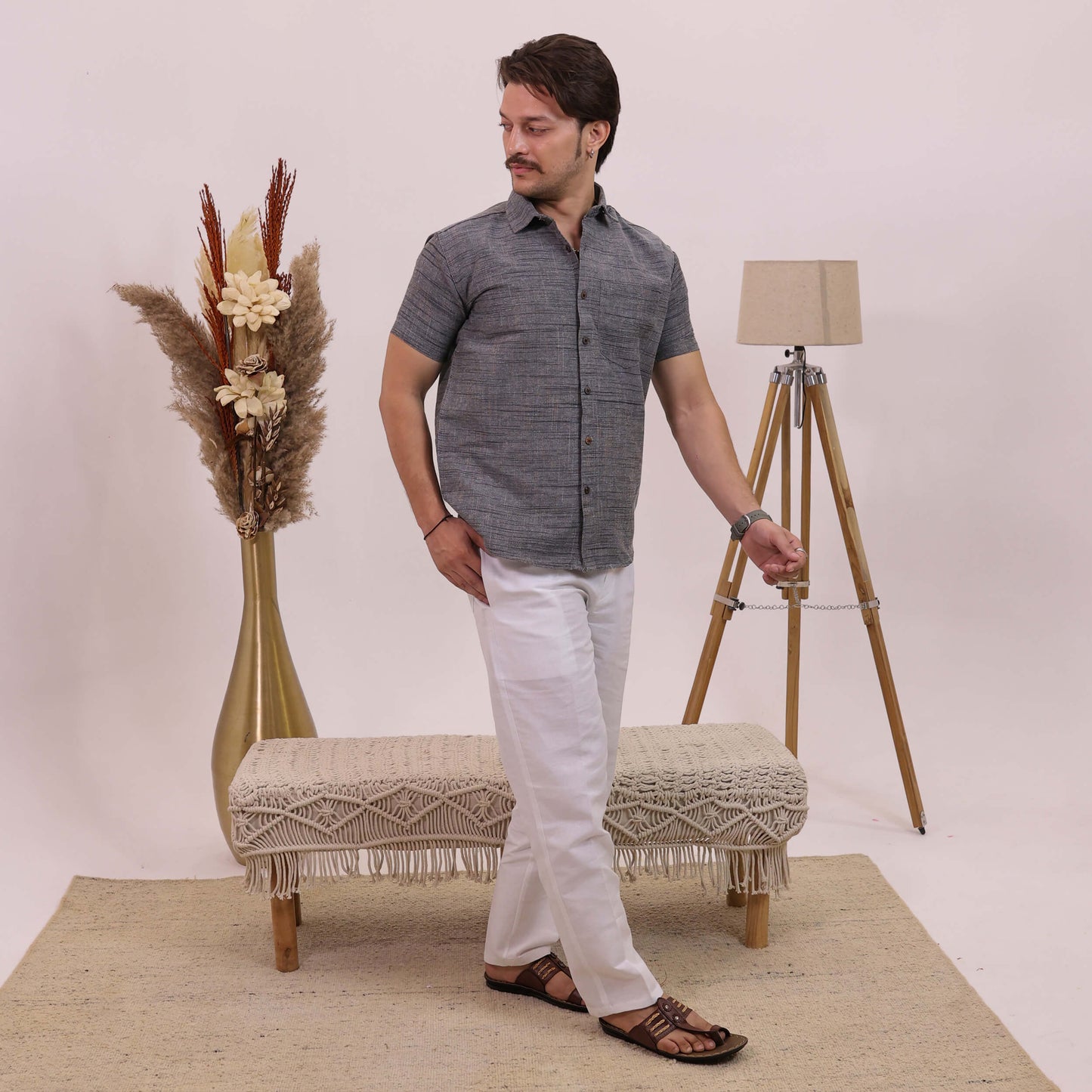 Grey Dark Jharna Half Sleeves Shirt with White Pant Combo Set | Men