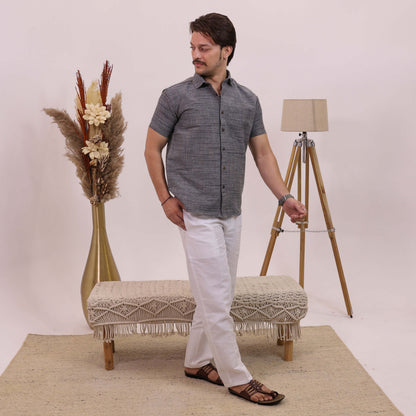Grey Dark Jharna Half Sleeves Shirt with White Pant Combo Set | Men