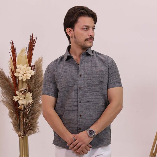 Grey Dark Jharna Shirt for Men | Half Sleeves Cotton Shirt