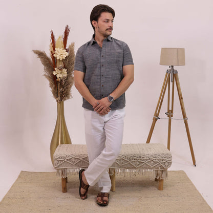 Grey Dark Jharna Half Sleeves Shirt with White Pant Combo Set | Men