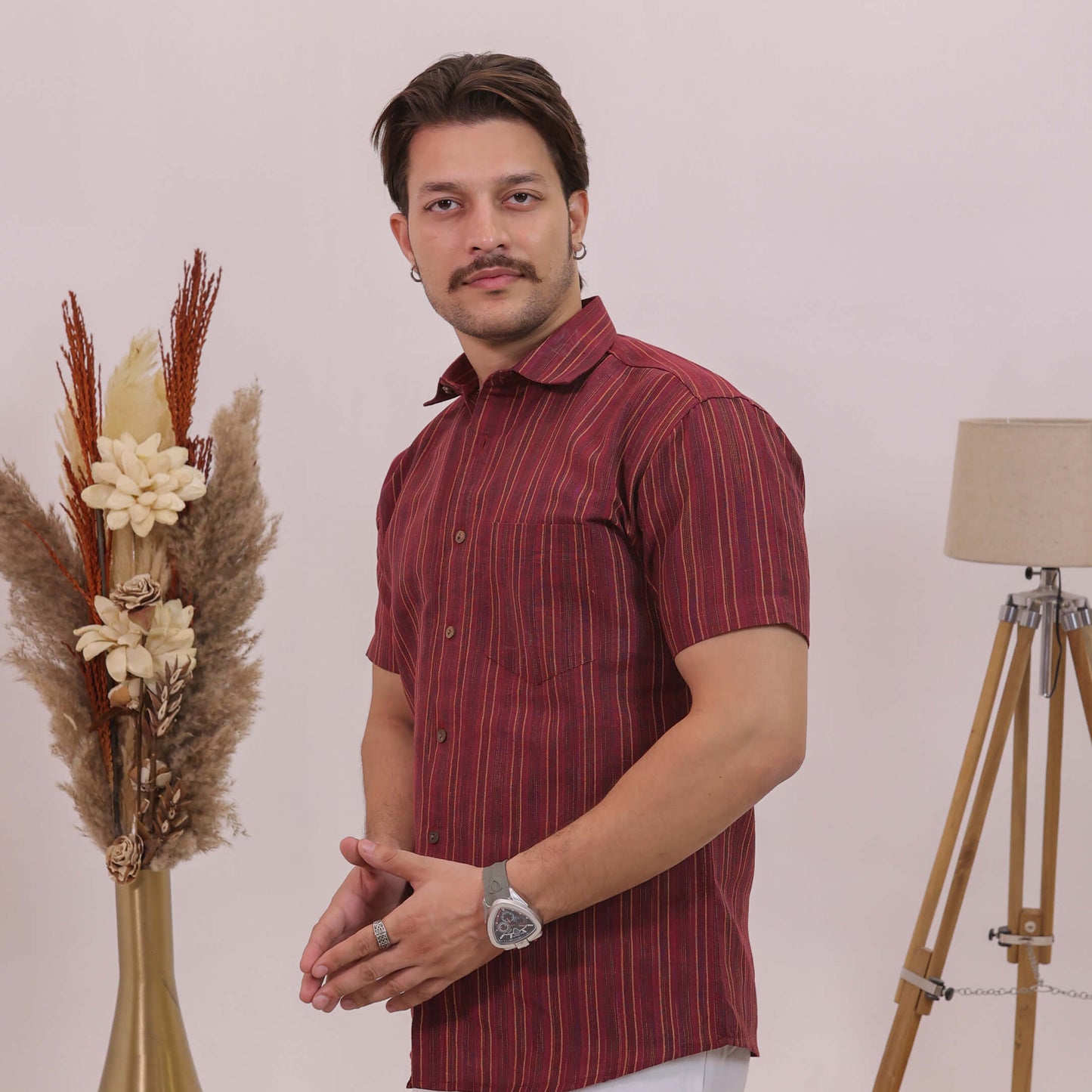 Maroon Breeze Stripe Half Sleeves Shirt with White pant Combo Set for Men