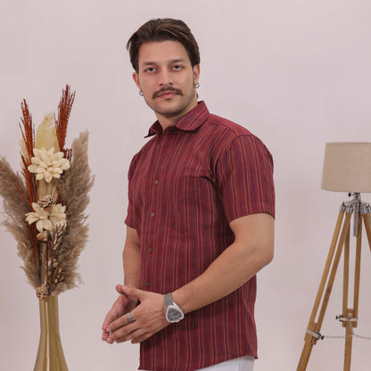 Maroon Breeze Stripe Half Sleeves Shirt with White pant Combo Set for Men