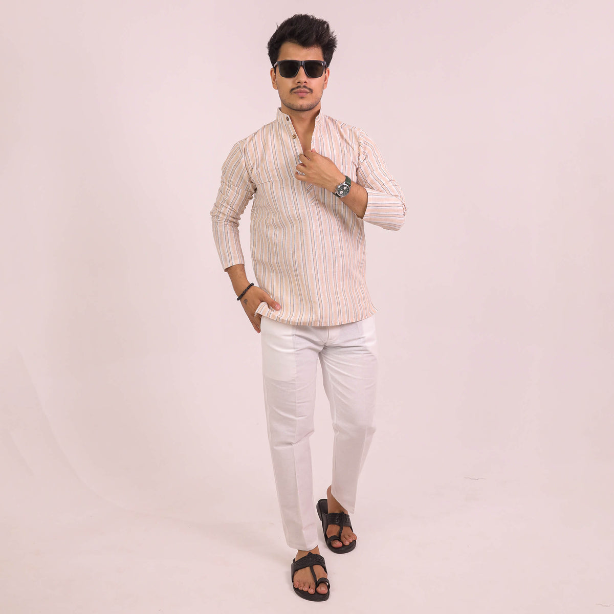 Beige-White Striped Full Sleeves Kurta Pant Combo Set