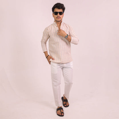 Beige-White Striped Full Sleeves Kurta Pant Combo Set