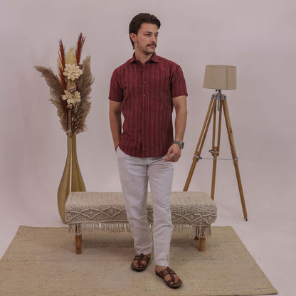 Maroon Breeze Stripe Half Sleeves Shirt with White pant Combo Set for Men