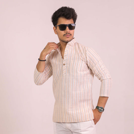 Skin White Striped Full Sleeves Short Kurta