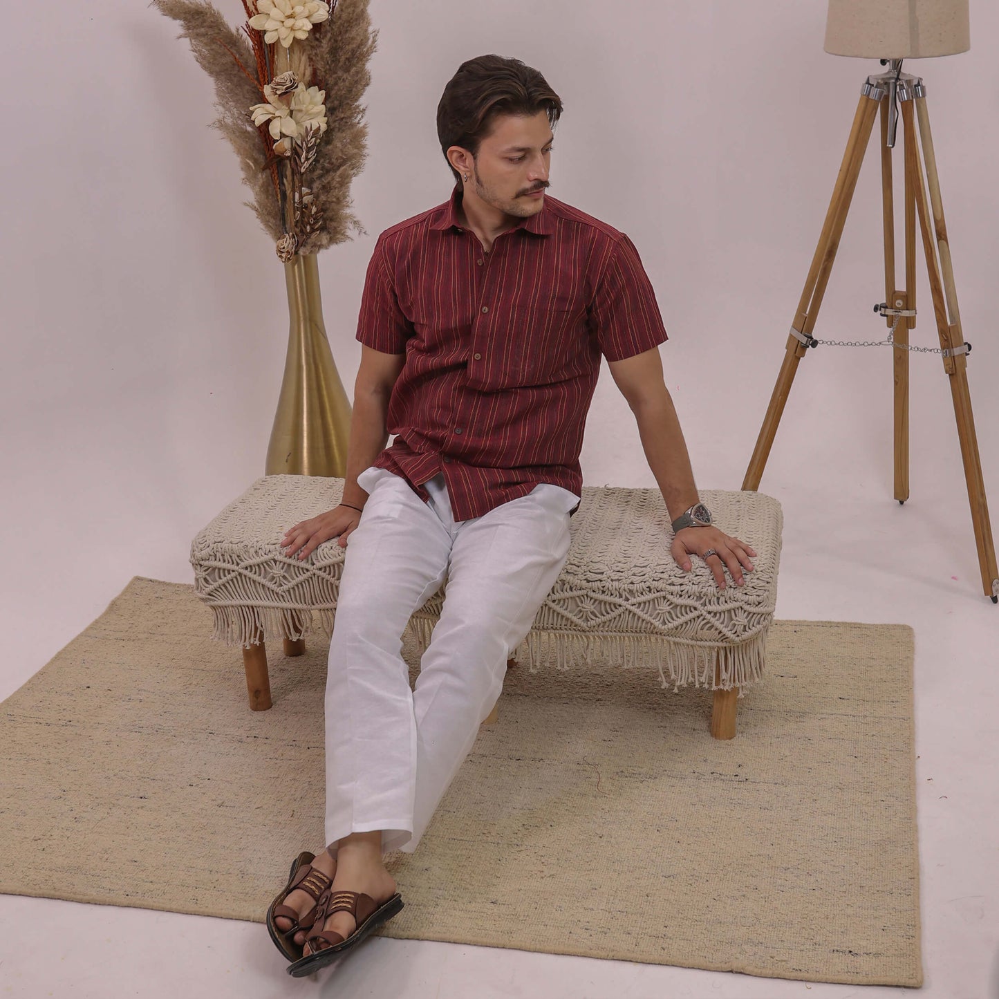 Maroon Breeze Stripe Half Sleeves Shirt with White pant Combo Set for Men