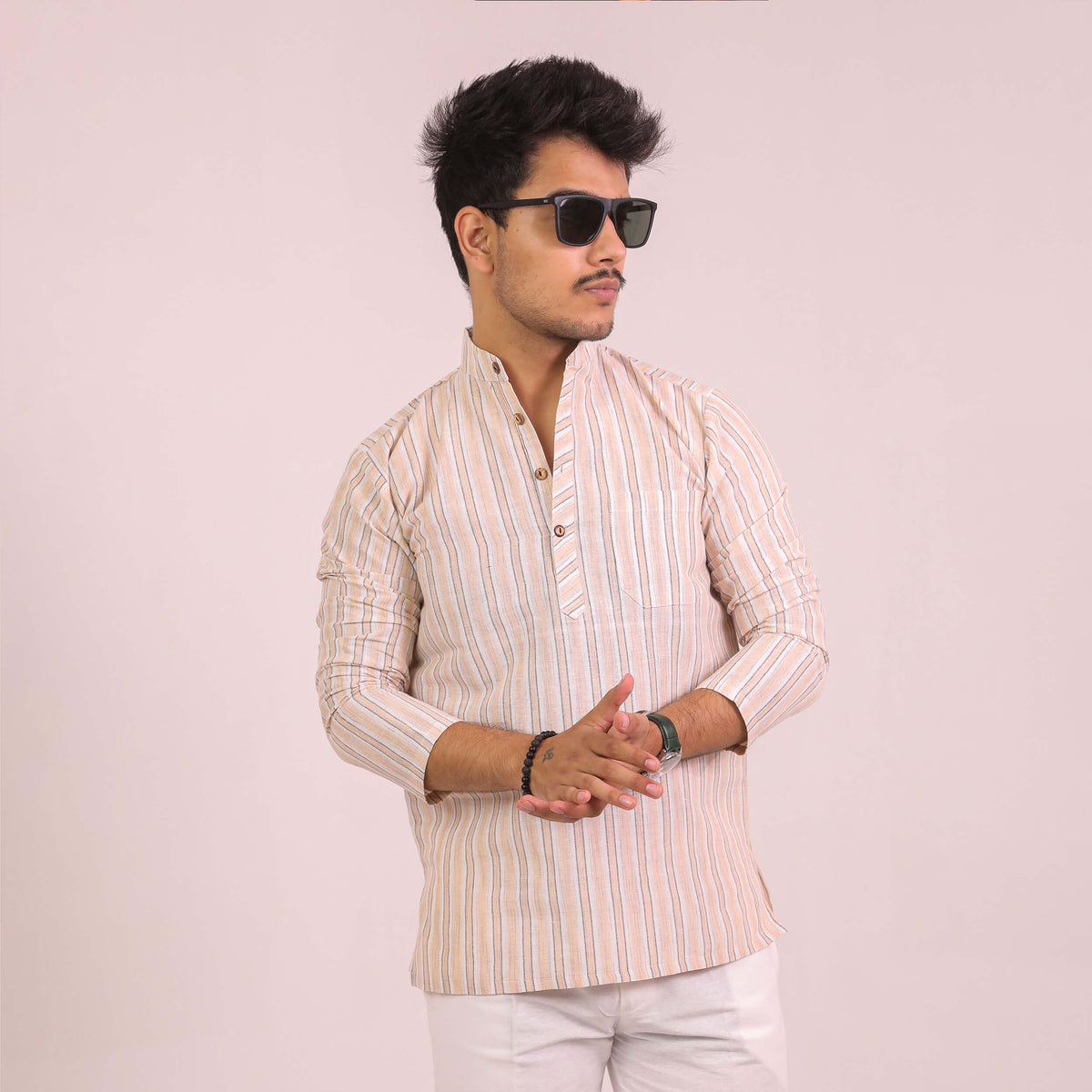 Beige-White Striped Full Sleeves Kurta Pant Combo Set