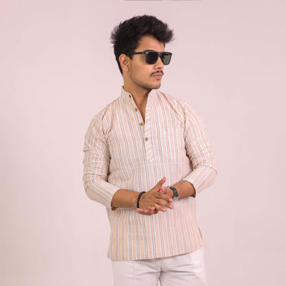 Beige-White Striped Full Sleeves Kurta Pant Combo Set