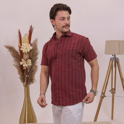 Maroon Breeze Stripe Half Sleeves Shirt with White pant Combo Set for Men