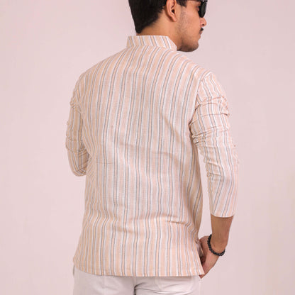 Beige-White Striped Full Sleeves Kurta Pant Combo Set