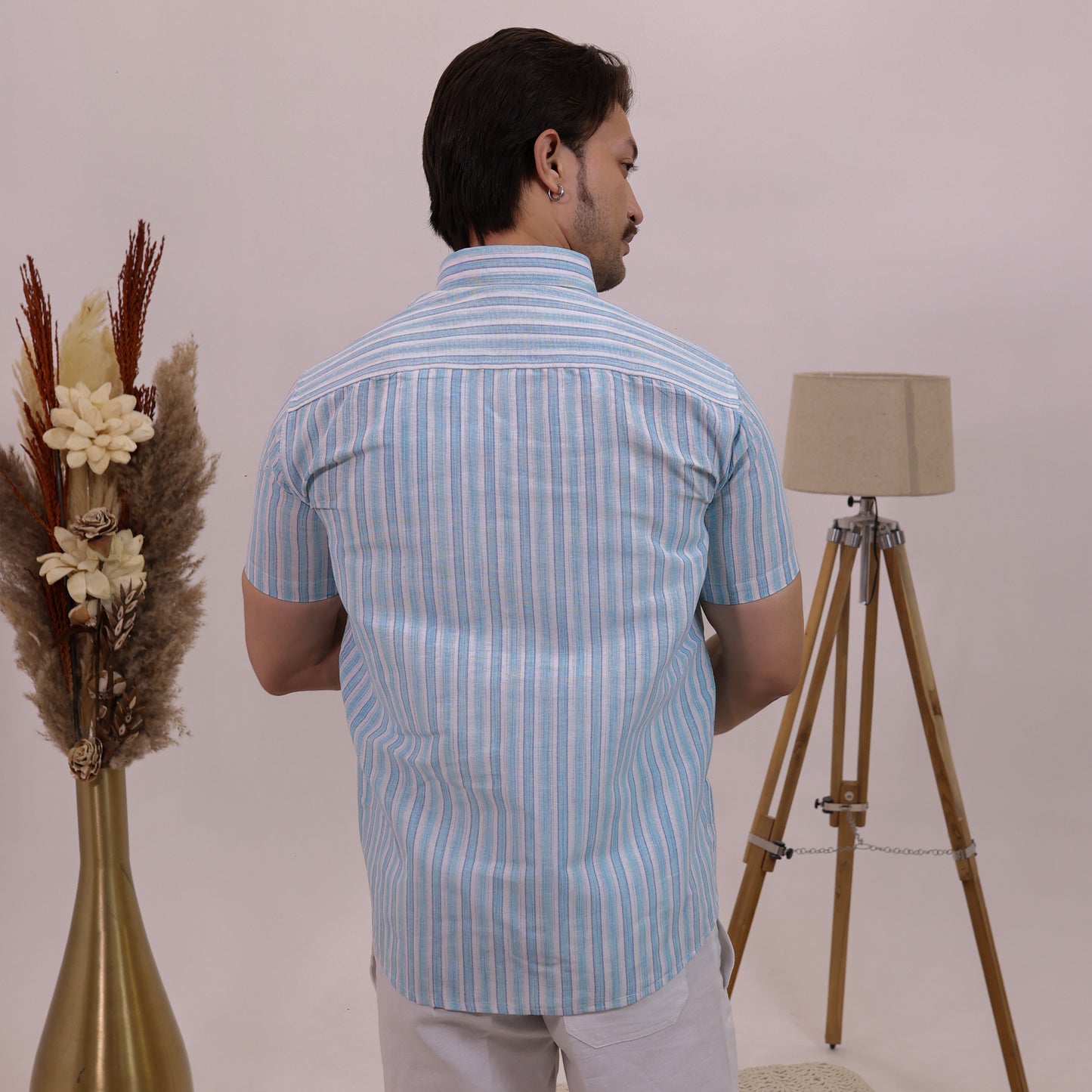 Blue-White Stripped Cotton Half Sleeves Shirt with White Pant Combo Set