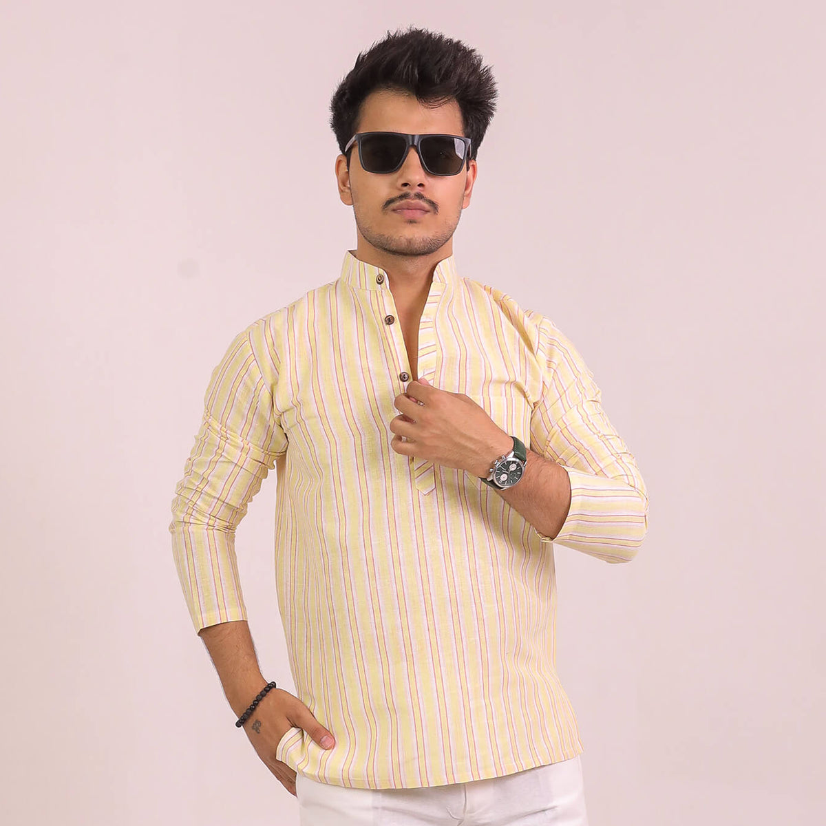 Yellow White Striped Full Sleeves Short Kurta