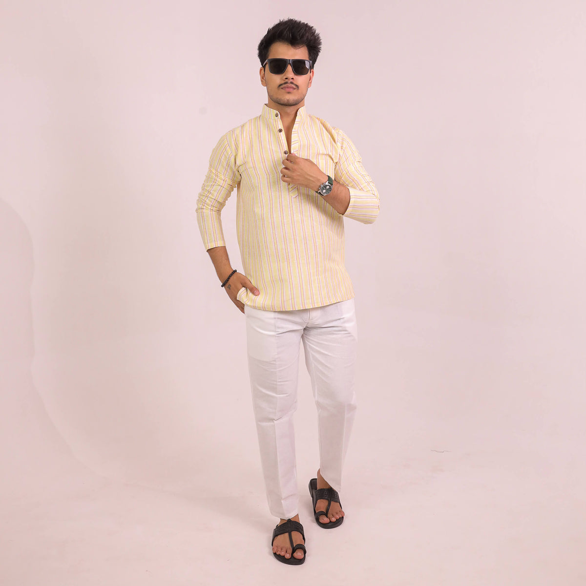 Yellow-White Striped Full Sleeves Kurta Pant Combo Set