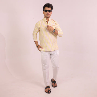 Yellow-White Striped Full Sleeves Kurta Pant Combo Set