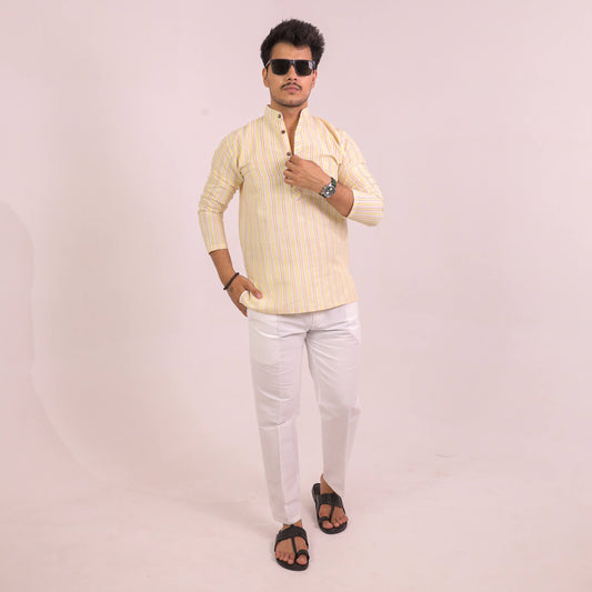 Yellow-White Striped Full Sleeves Kurta Pant Combo Set