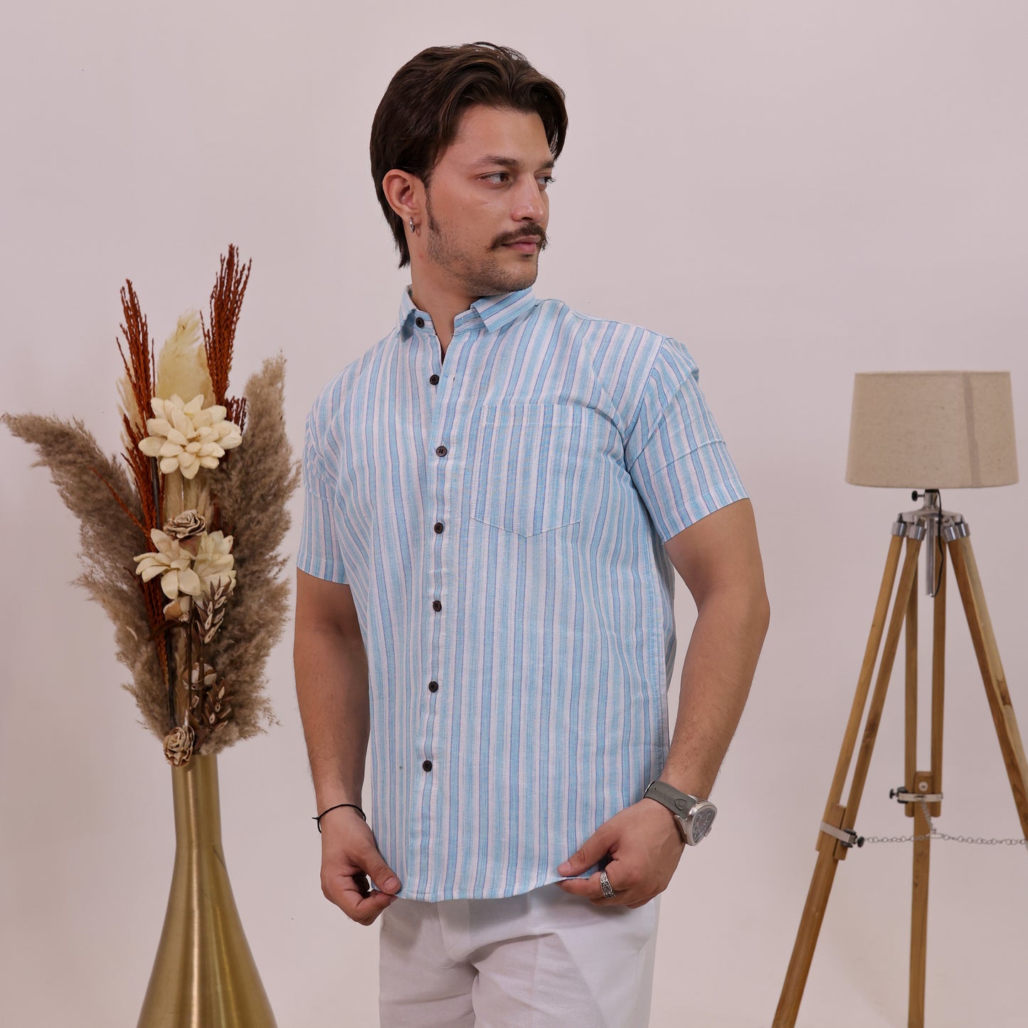 Blue-White Stripped Cotton Half Sleeves Shirt with White Pant Combo Set