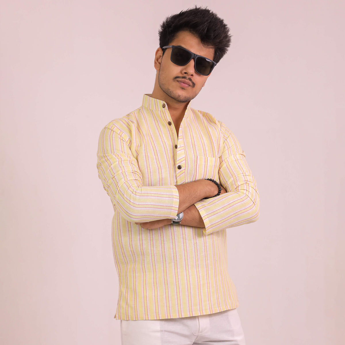 Yellow White Striped Full Sleeves Short Kurta
