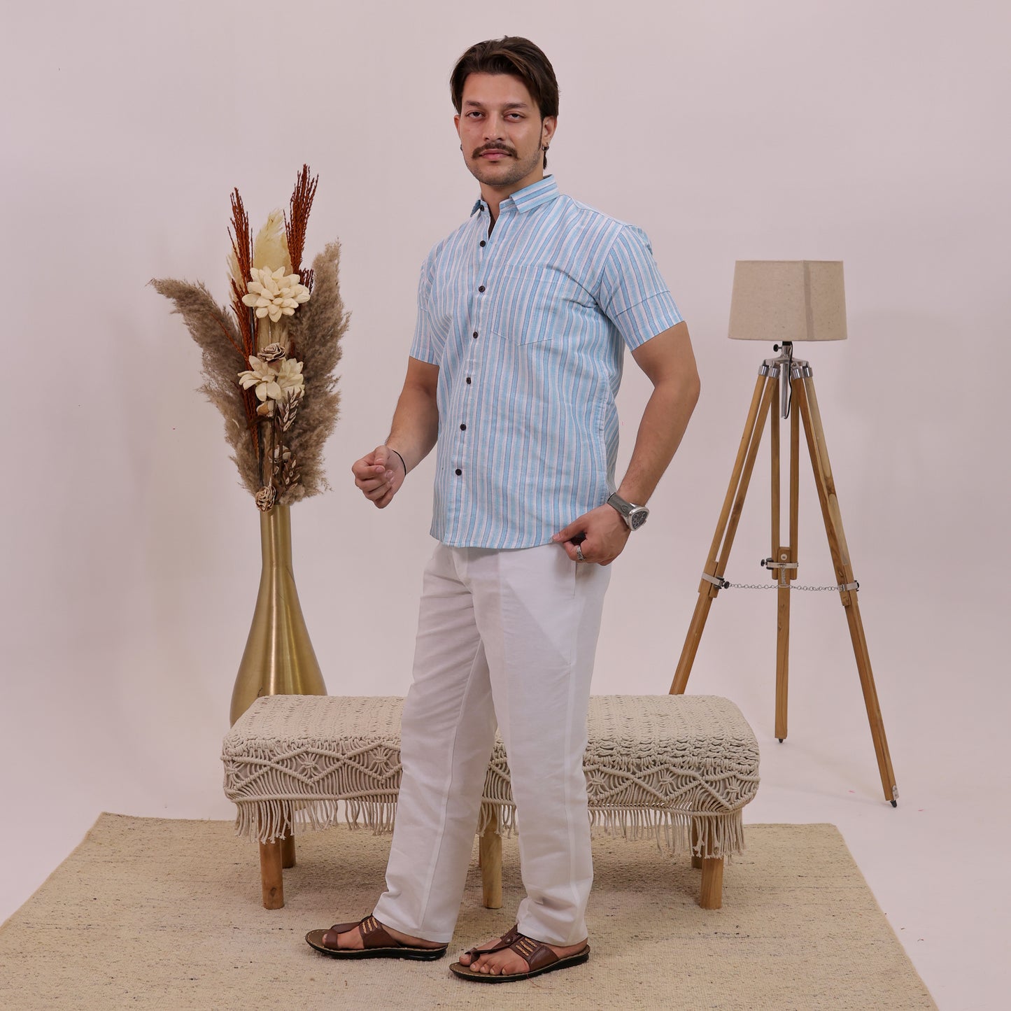 Blue-White Stripped Cotton Half Sleeves Shirt with White Pant Combo Set