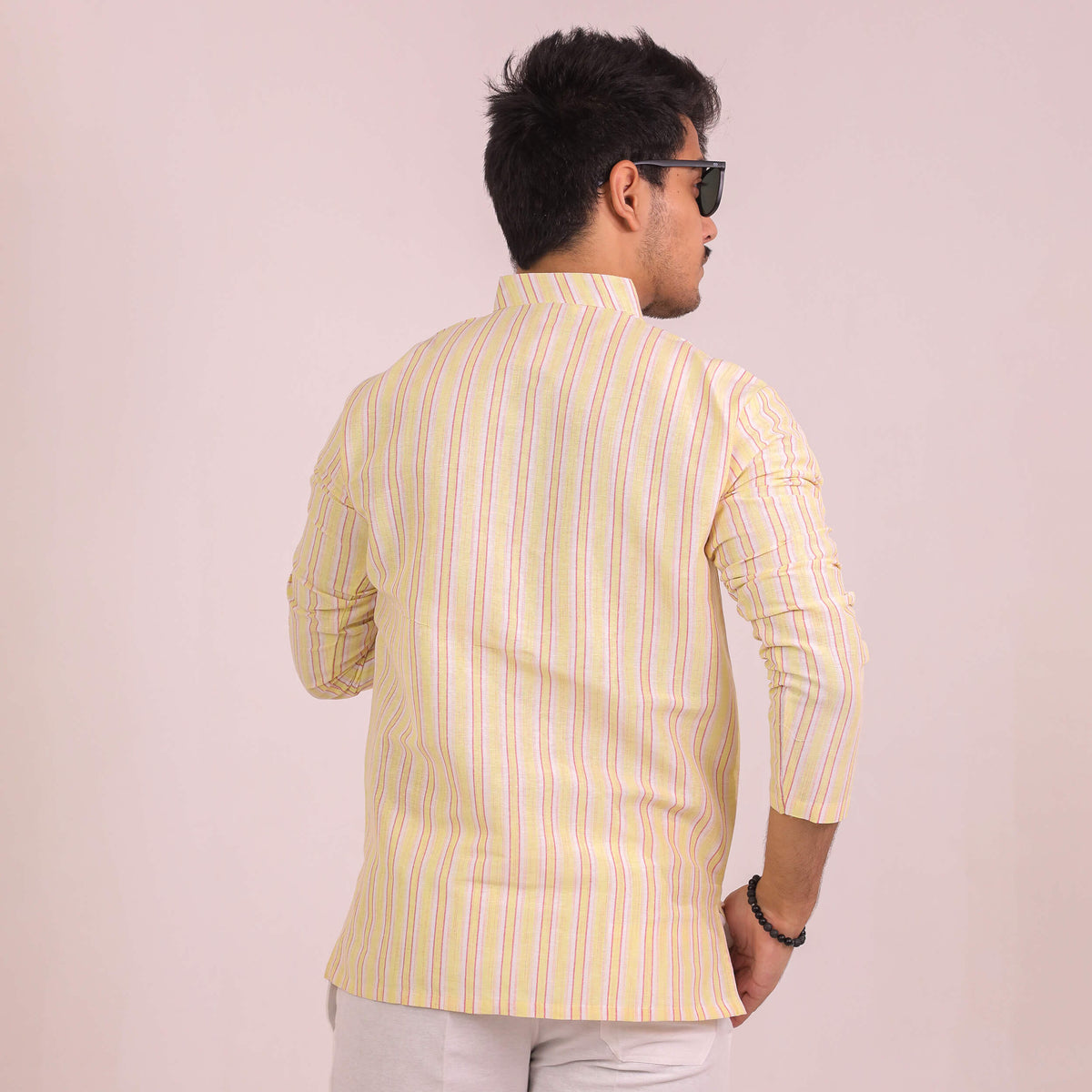 Yellow White Striped Full Sleeves Short Kurta