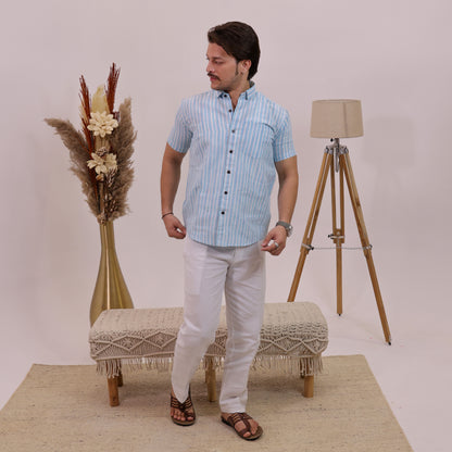 Blue-White Stripped Cotton Half Sleeves Shirt with White Pant Combo Set