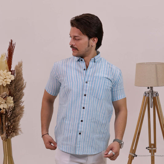 Blue-White Stripped Cotton Shirt for Men | Half Sleeves