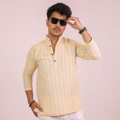 Yellow White Striped Full Sleeves Short Kurta