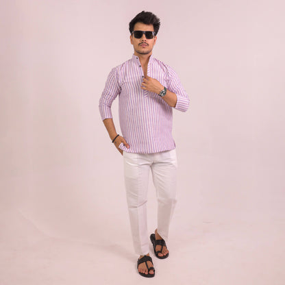 Purple-White Striped Full Sleeves Kurta Pant Combo Set