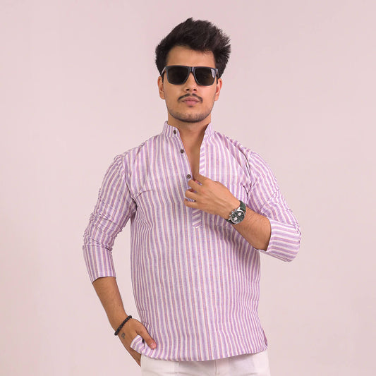 Purple White Striped Full Sleeves Short Kurta