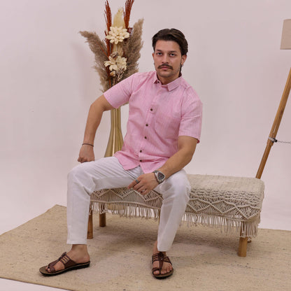 Pink Softline Cotton Half Sleeves Shirt with White Pant Combo Set