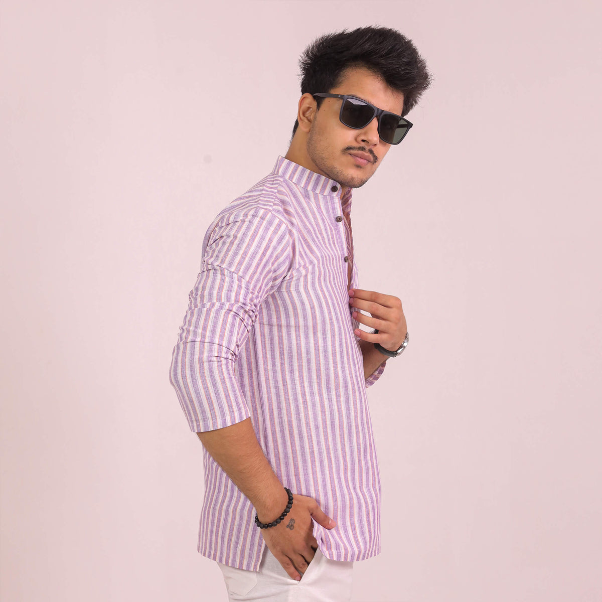 Purple-White Striped Full Sleeves Kurta Pant Combo Set