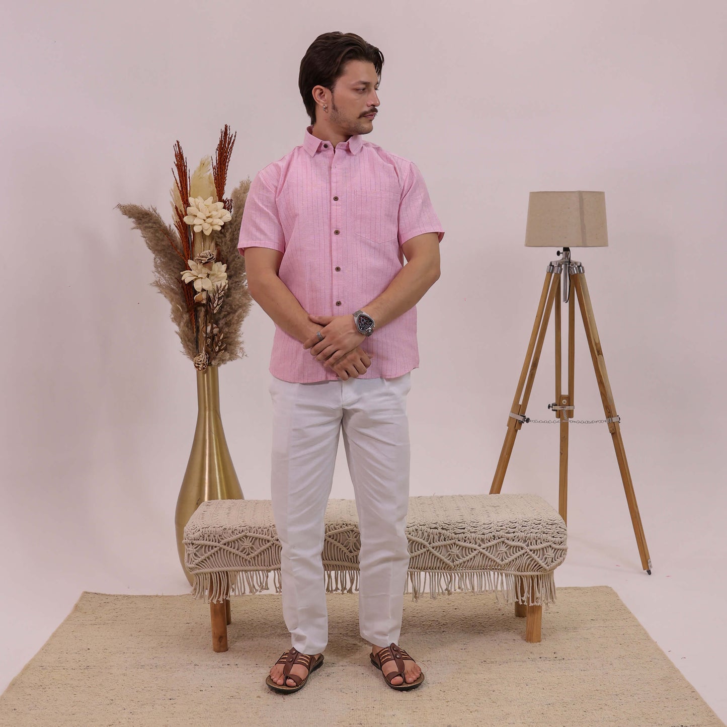 Pink Softline Cotton Half Sleeves Shirt with White Pant Combo Set