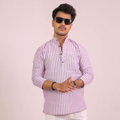 Purple-White Striped Full Sleeves Kurta Pant Combo Set