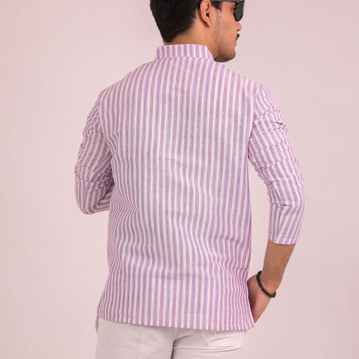 Purple-White Striped Full Sleeves Kurta Pant Combo Set