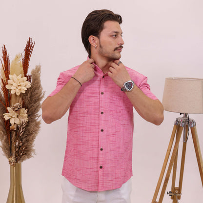 Pink Plain Jharna Half Sleeves Shirt with White Pant Combo Set for Men