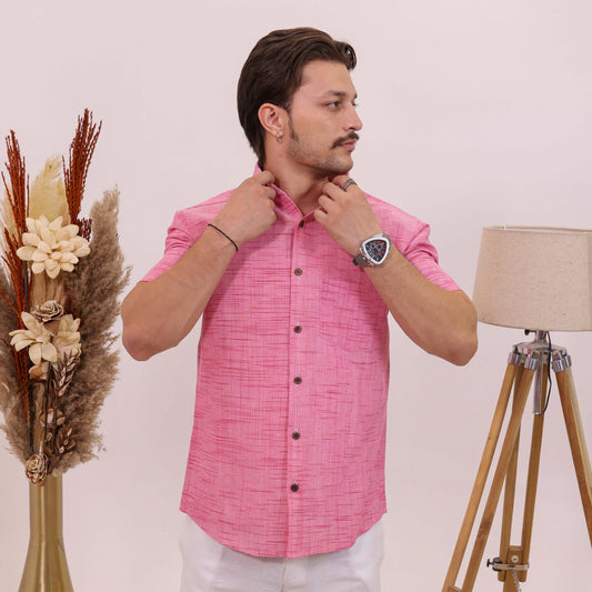 Pink Plain Jharna Cotton Shirt for Men | Half Sleeves