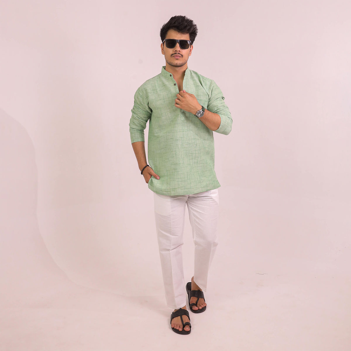 Green Plain Jharna Full Sleeves Kurta Pant Combo Set