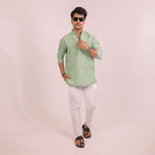 Green Plain Jharna Full Sleeves Kurta Pant Combo Set