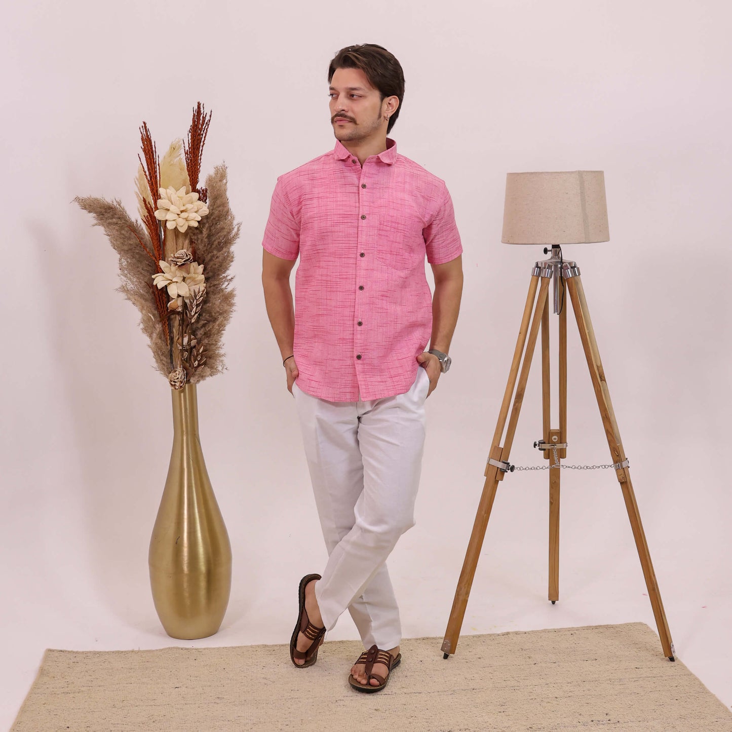 Pink Plain Jharna Half Sleeves Shirt with White Pant Combo Set for Men