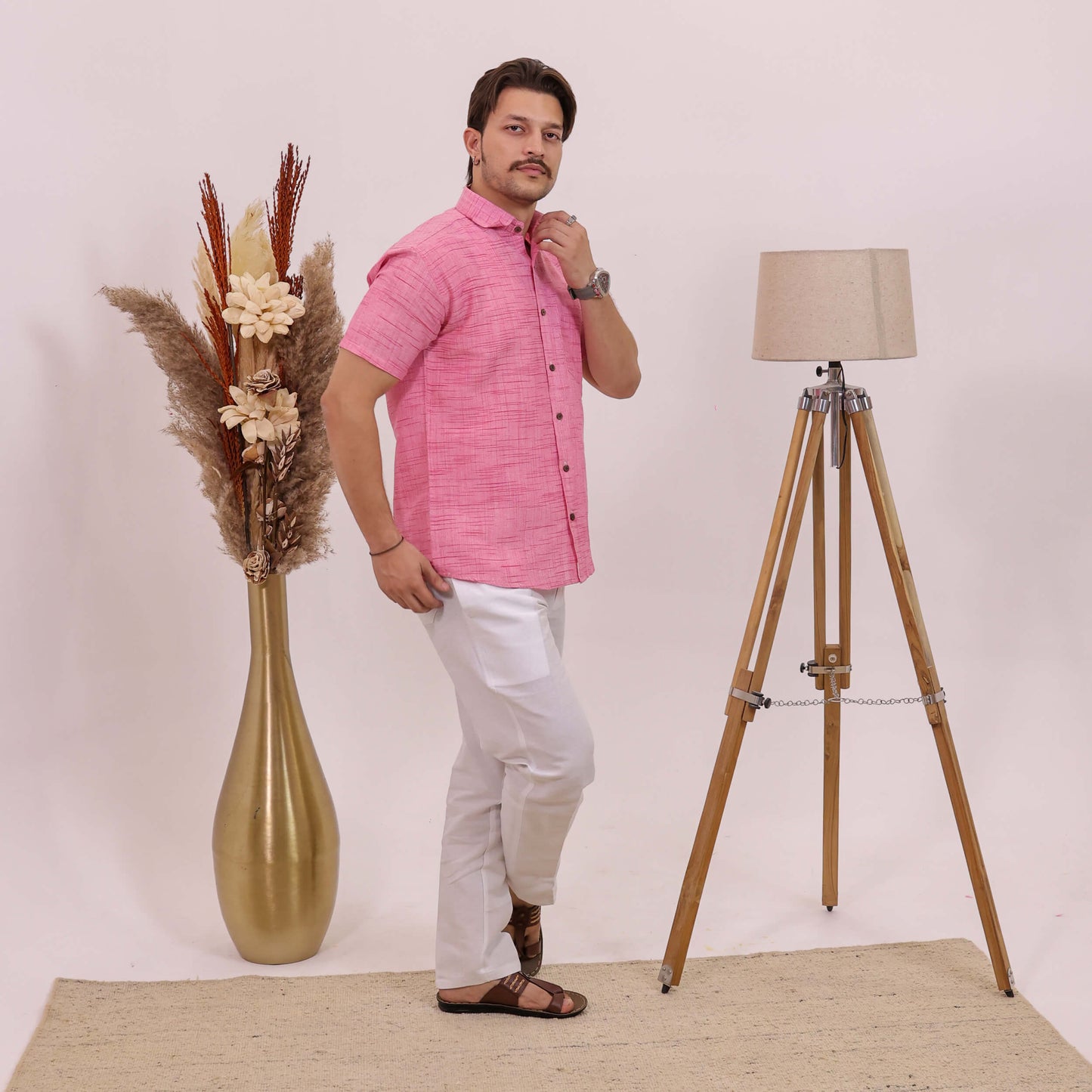 Pink Plain Jharna Half Sleeves Shirt with White Pant Combo Set for Men