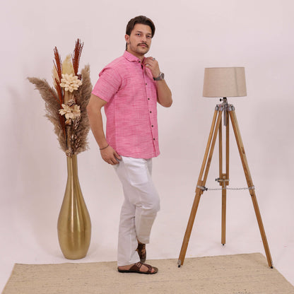 Pink Plain Jharna Half Sleeves Shirt with White Pant Combo Set for Men