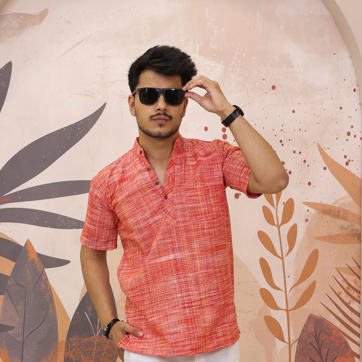 Red Pure South Cotton Half Sleeve Short Kurta