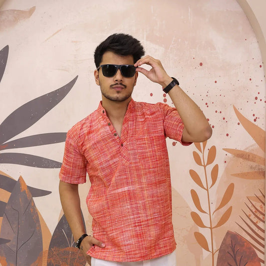 Red Pure South Cotton Half Sleeve Short Kurta