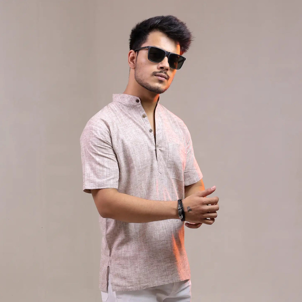 Brown Soft Linen Cotton Blend Half Sleeve Kurta