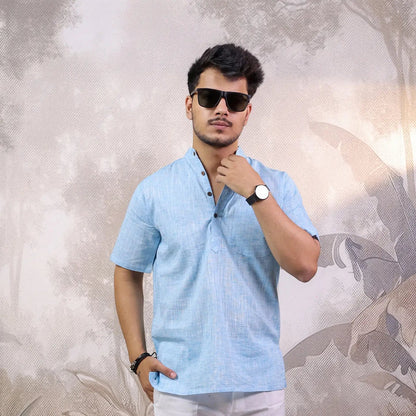 Blue Soft Linen Cotton Blend Half Sleeve Kurta
