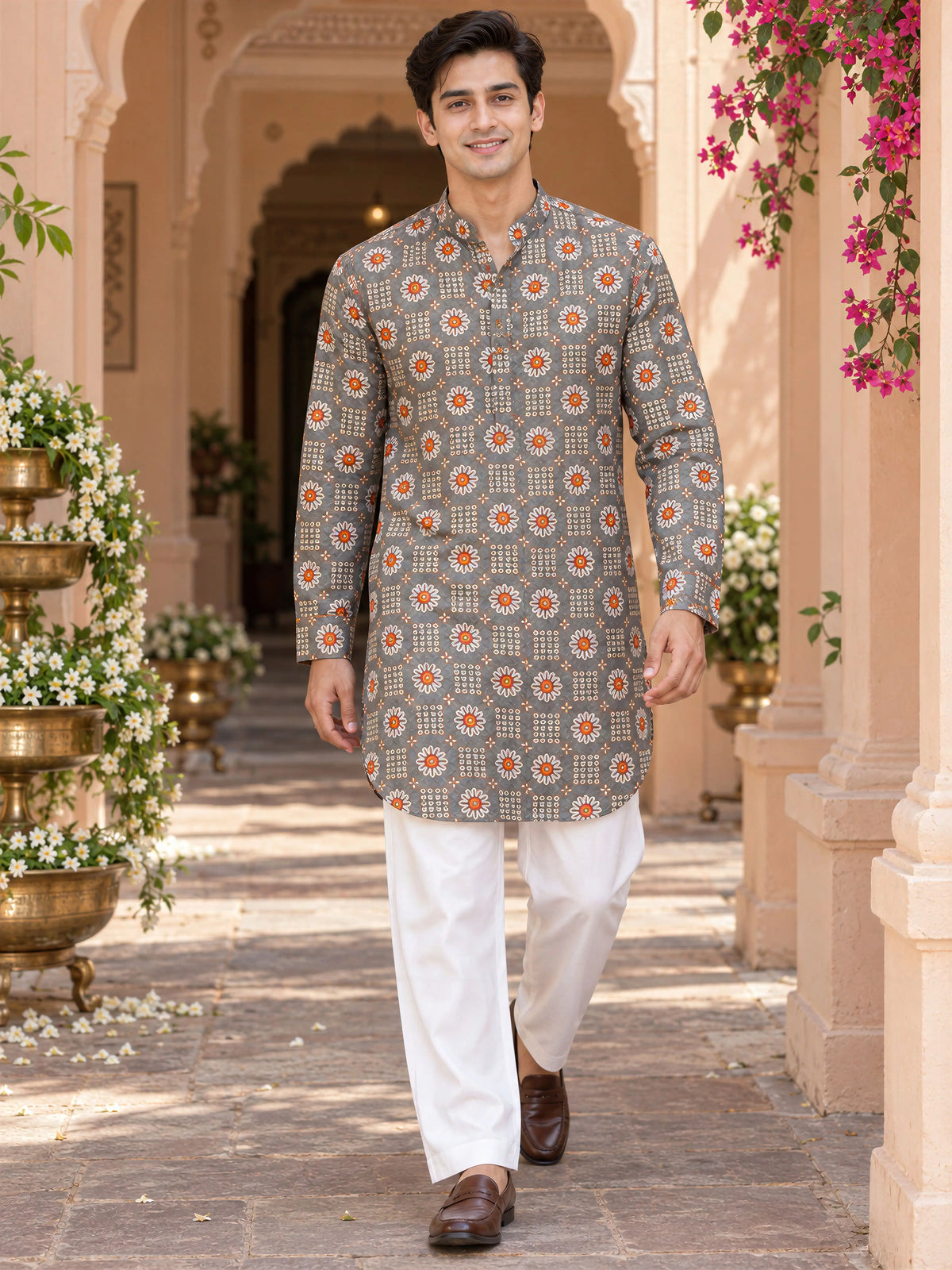 Grey Classic Printed Men's Kurta