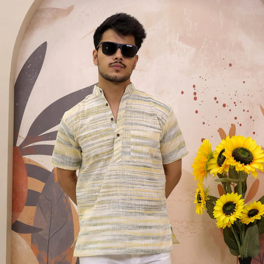 Yellow Grey Pure Cotton Zebra Fabric Half Sleeve Short Kurta