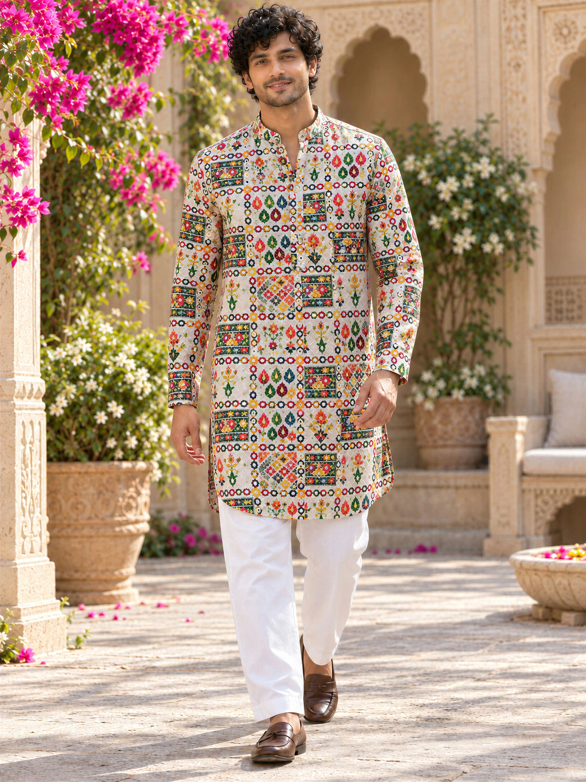 Cream Geometric Printed Men's Kurta