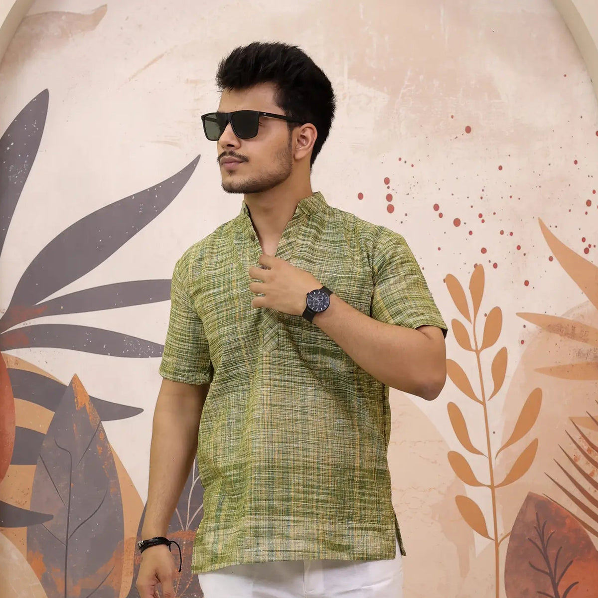 Green Pure South Cotton Half Sleeve Short Kurta